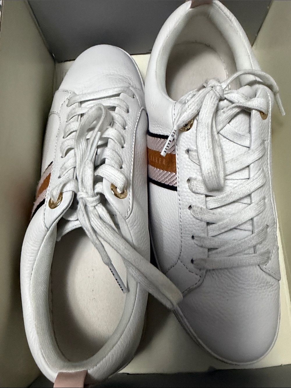 Ted Baker White Leather Sneakers with Tan and Black Stripe